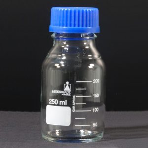 Frasco de laboratório, vidro branco, tampa azul, 250 ml
