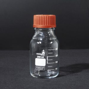 Frasco de laboratório, vidro branco, tampa vermelha, 100 ml